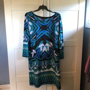 Mod spandex shift dress with tattoo design.